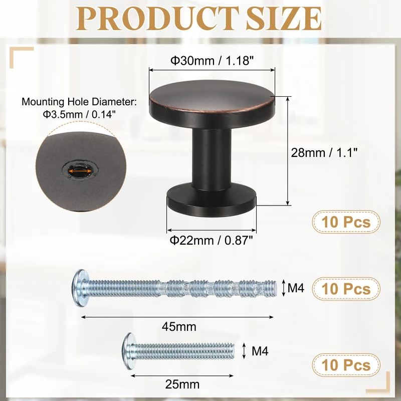 10Pcs 1-1/5" (30mm) Zinc Alloy Round Cabinet Dresser Knobs Oil Rubbed Bronze