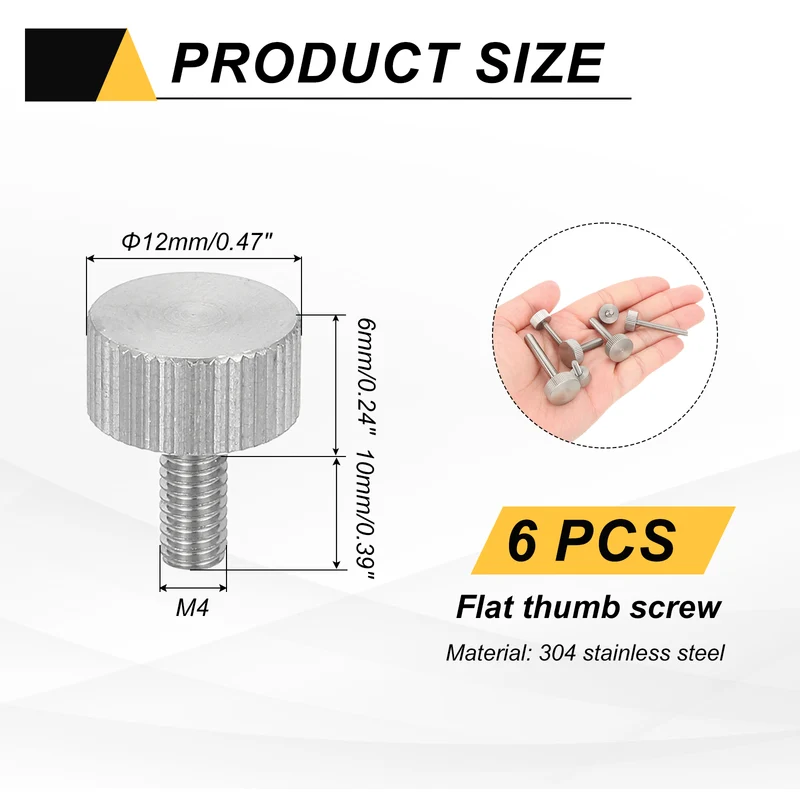 6 PCS M4 x 10mm Flat Knurled Head Thumb Screws for Industry