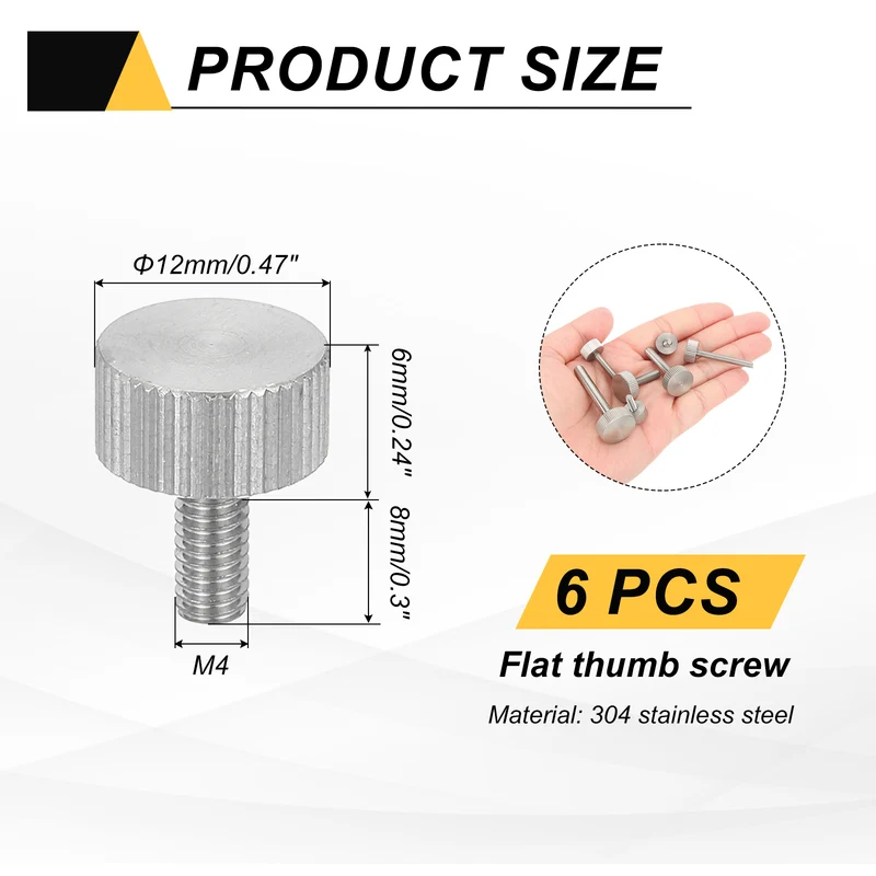 6 PCS M4 x 8mm Flat Knurled Head Thumb Screws for Industry