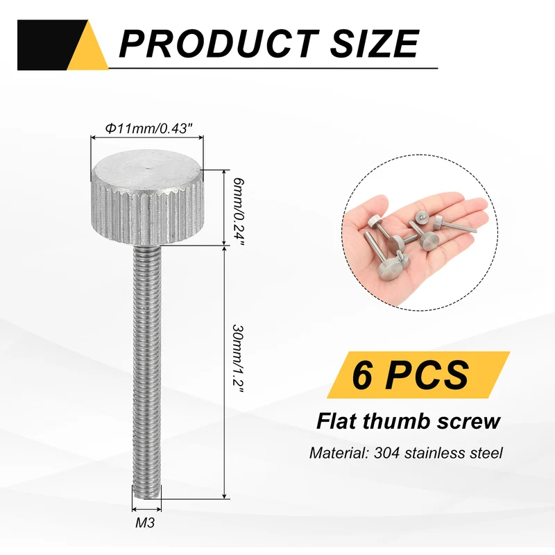 6 PCS M3 x 30mm Flat Knurled Head Thumb Screws for Industry