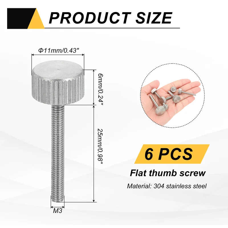 6 PCS M3 x 25mm Flat Knurled Head Thumb Screws for Industry