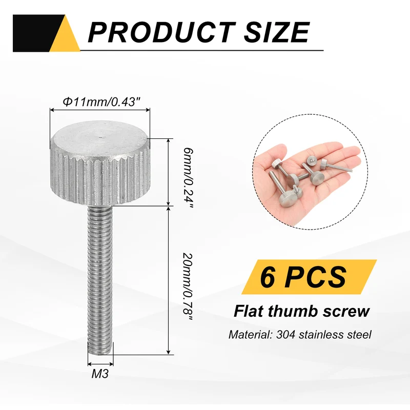 6 PCS M3 x 20mm Flat Knurled Head Thumb Screws for Industry