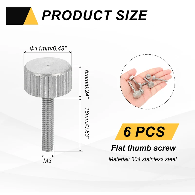6 PCS M3 x 16mm Flat Knurled Head Thumb Screws for Industry