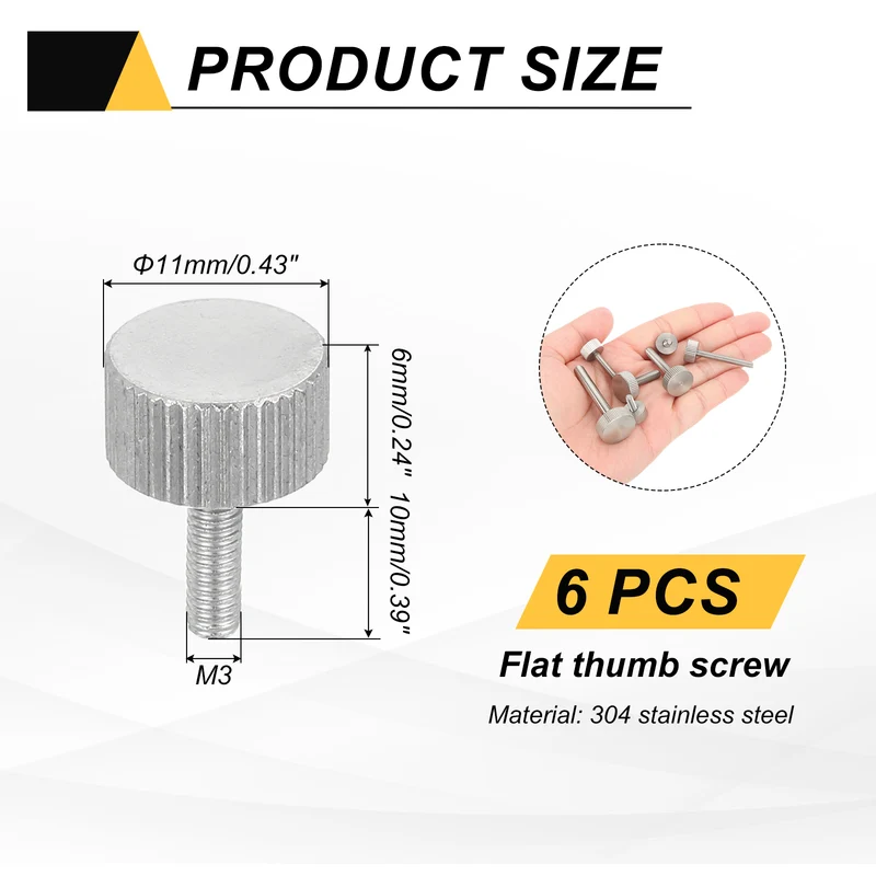 6Pcs M3 x 10mm Flat Knurled Head Thumb Screws for Industry