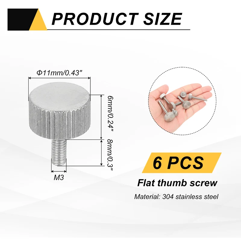 6 PCS M3 x 8mm Flat Knurled Head Thumb Screws for Industry