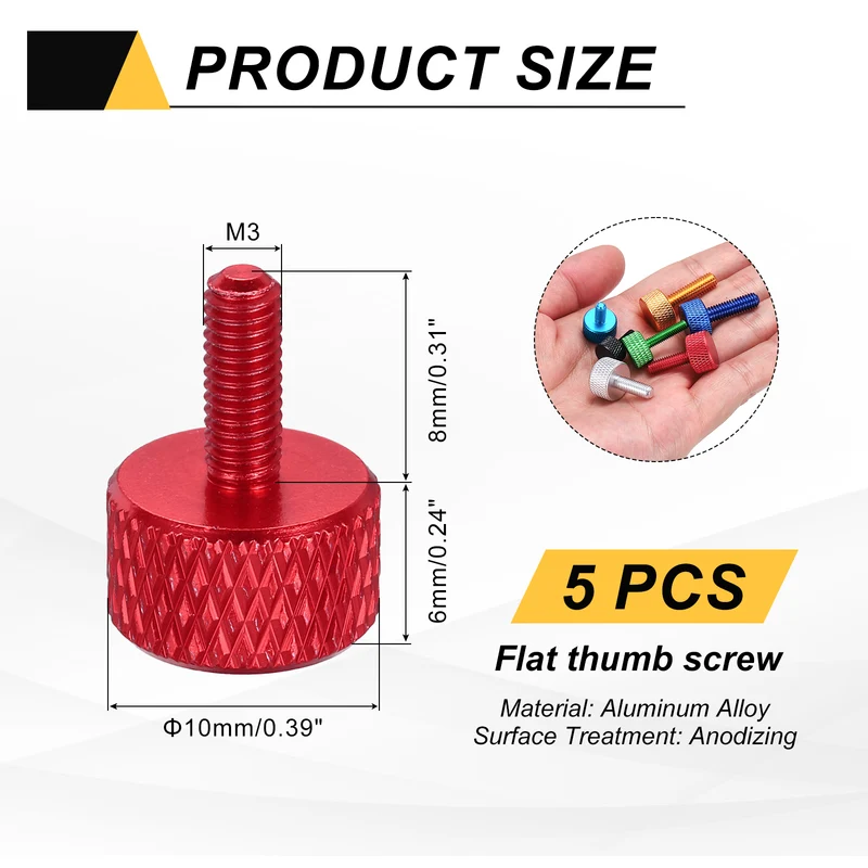 5Pcs M3x8mm Flat Head Knurled Thumb Screws for Graphics Card Red