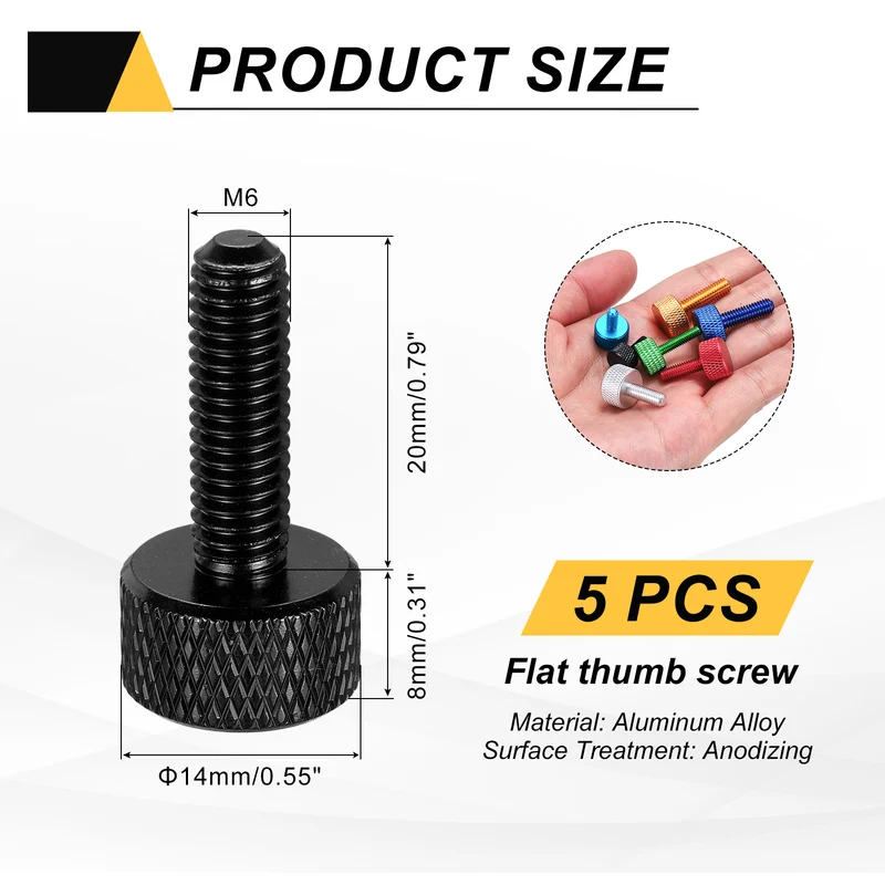 5Pcs M6x20mm Flat Head Knurled Thumb Screws for Graphics Card Black