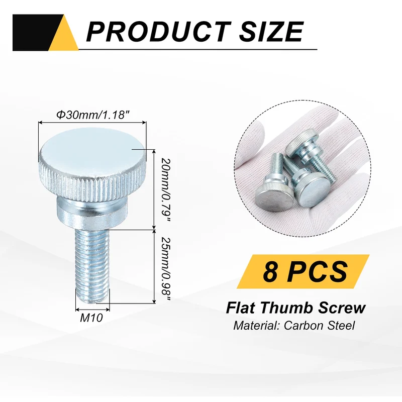 8 Pcs M10x25mm Zinc Plated Flat Knurled Fully Threaded Thumb Screws