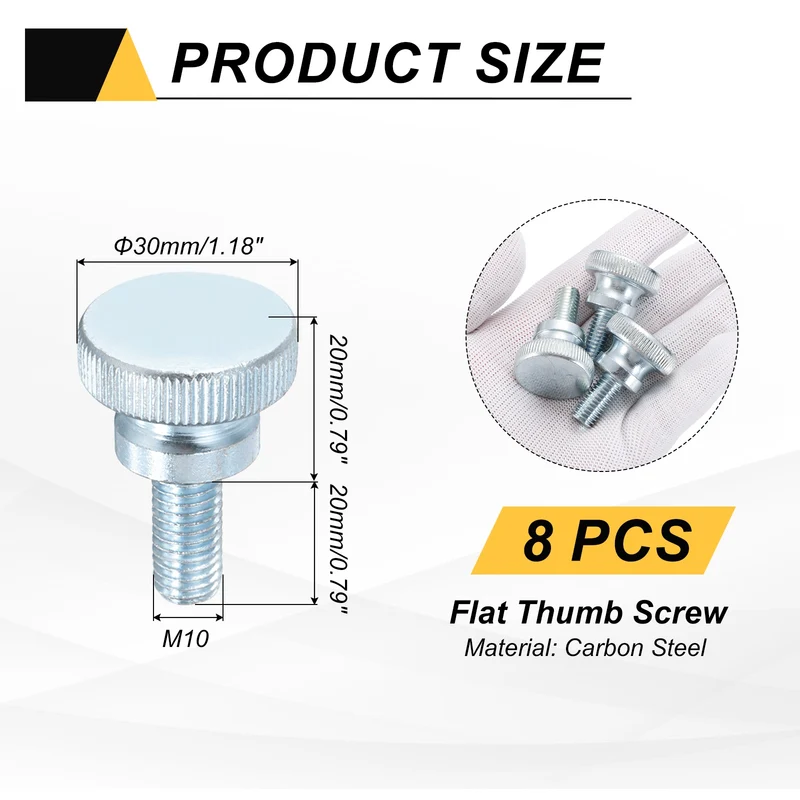 8 Pcs M10x20mm Zinc Plated Flat Knurled Fully Threaded Thumb Screws