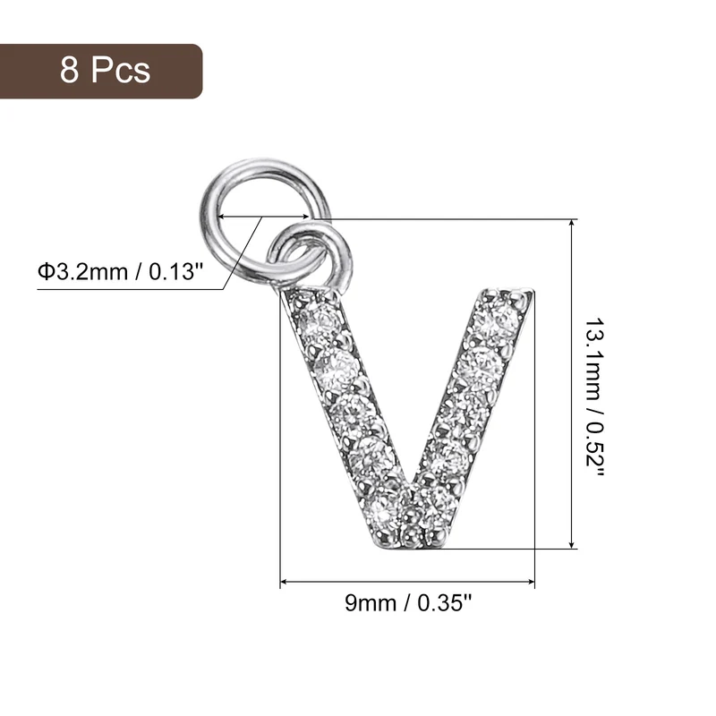 Rhinestone Letter Charm, 8pcs 3.2mm Copper V Letter Charm, White Gold