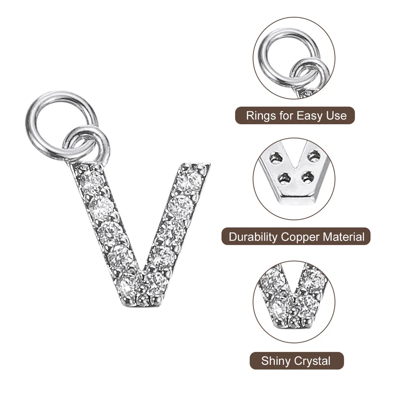 Rhinestone Letter Charm, 8pcs 3.2mm Copper V Letter Charm, White Gold