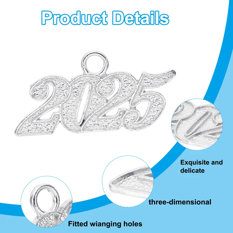 2025 Graduation Tassel Charm, 30 Pcs Alloy 2025 Year Large Letter Charm, Silver