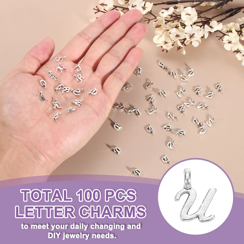 100Pcs A-Z Alphabet Charm, Metal Alphabet U Letter Charm Initial Charm, Silver