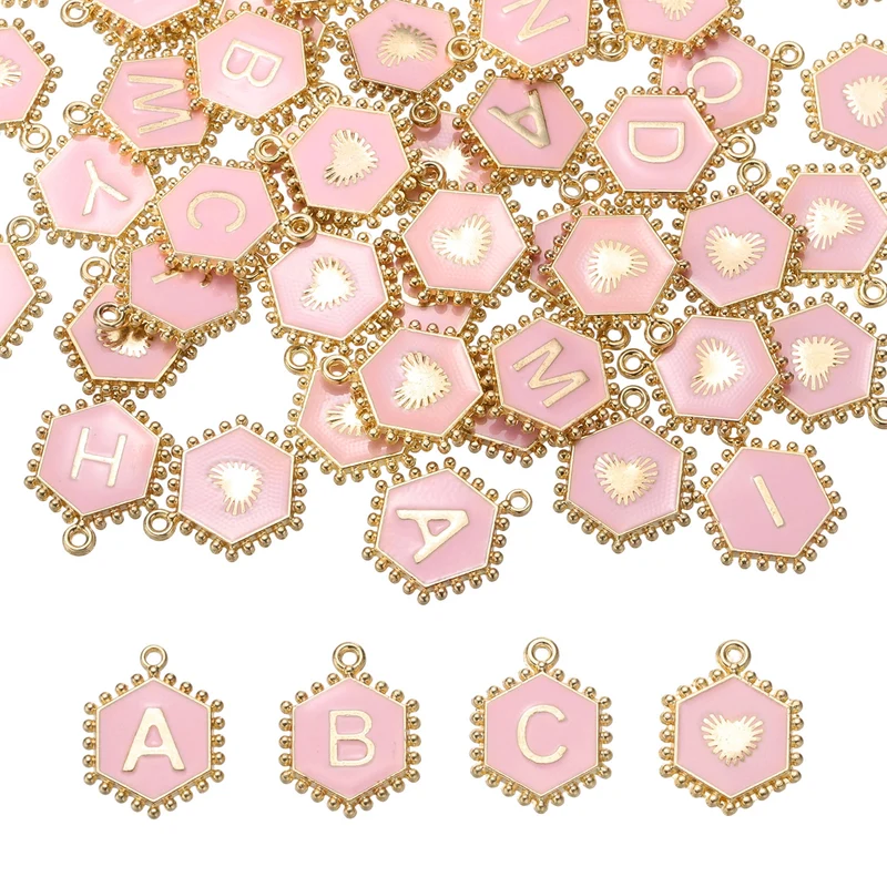 52 Pcs Letter Initial Charm A-Z Hexagon Letter Charm(Pink)