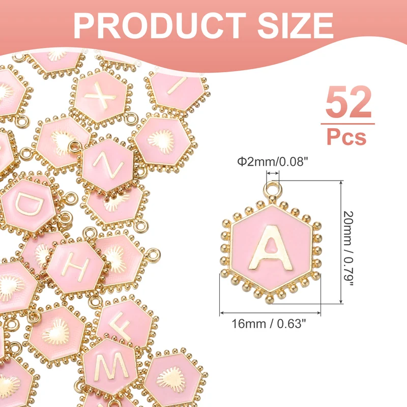 52 Pcs Letter Initial Charm A-Z Hexagon Letter Charm(Pink)