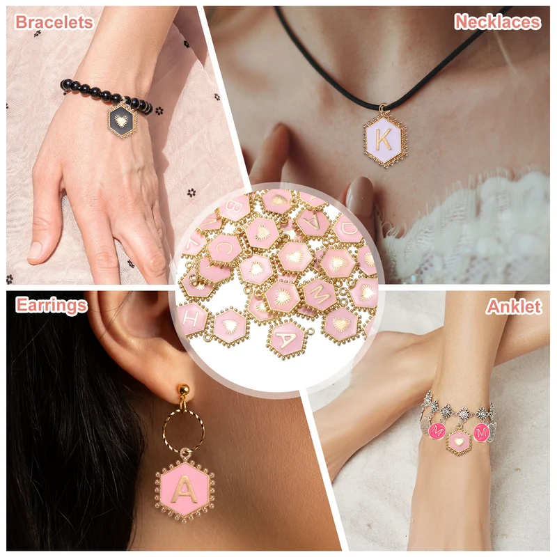 52 Pcs Letter Initial Charm A-Z Hexagon Letter Charm(Pink)