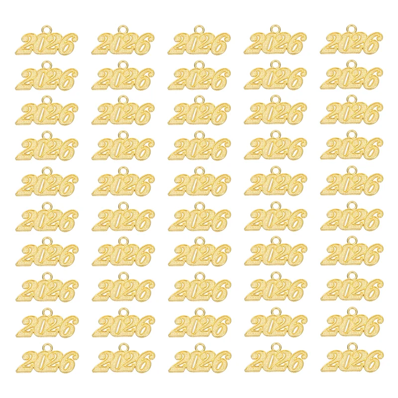 2026 Graduation Tassel Charm, 50 Pcs Alloy Year Medium Letter Charm, Gold