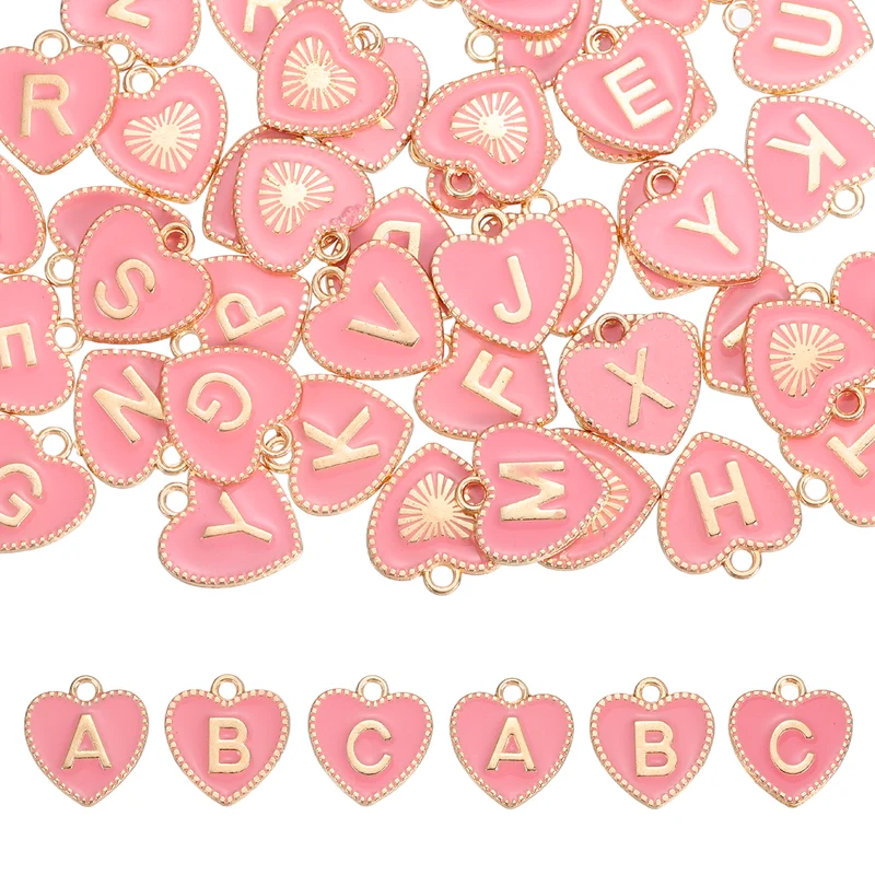 52 Pcs Letter Initial Charm A-Z Heart Letter Charm(Pink)