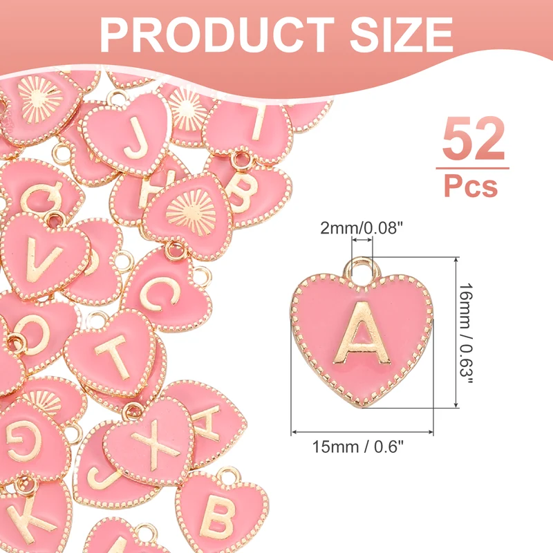 52 Pcs Letter Initial Charm A-Z Heart Letter Charm(Pink)