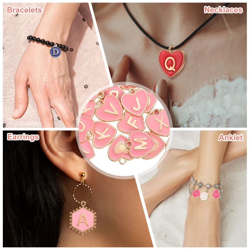 52 Pcs Letter Initial Charm A-Z Heart Letter Charm(Pink)