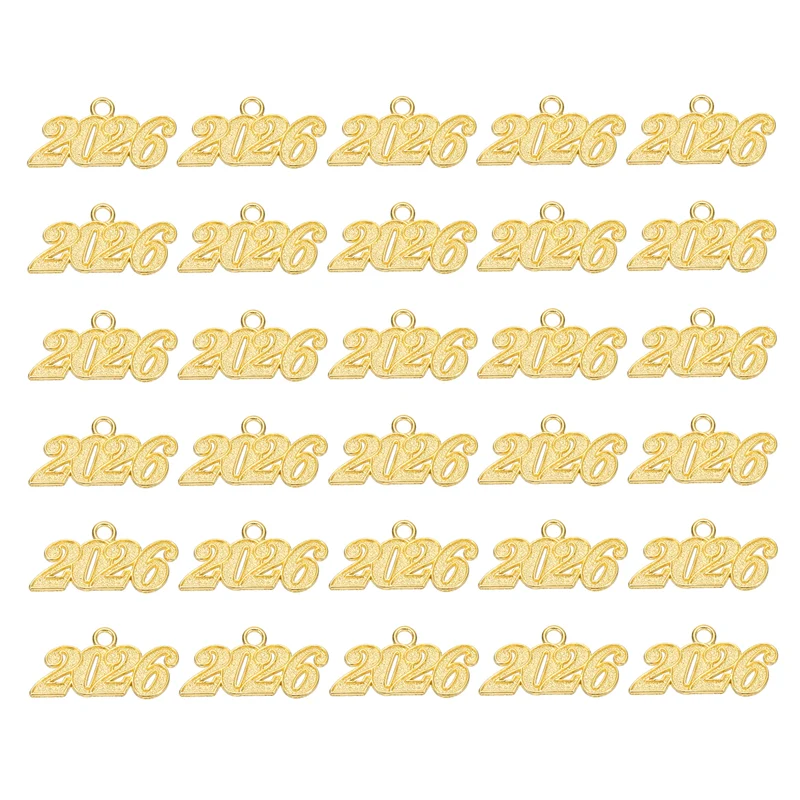 2026 Graduation Tassel Charm, 30 Pcs Alloy Year Medium Letter Charm, Gold
