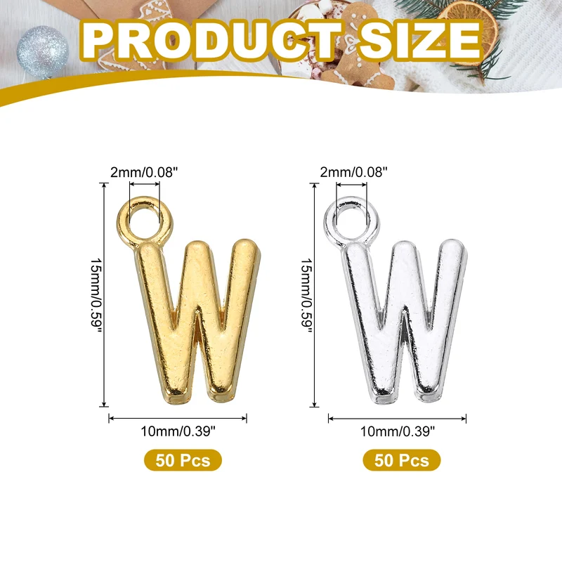 0.4" Letter Charm A-Z for Jewelry Making - W (100 Pack, Dark Silver/Gold)