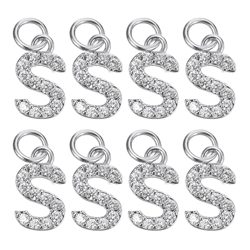 Rhinestone Letter Charm, 8pcs 3.2mm Copper S Letter Charm, White Gold