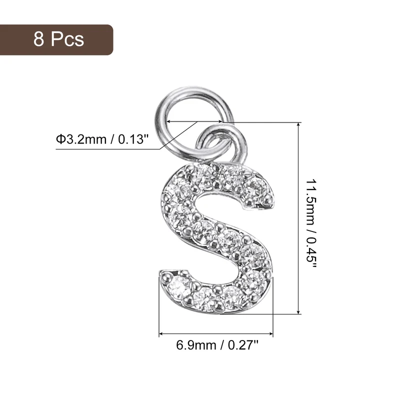 Rhinestone Letter Charm, 8pcs 3.2mm Copper S Letter Charm, White Gold