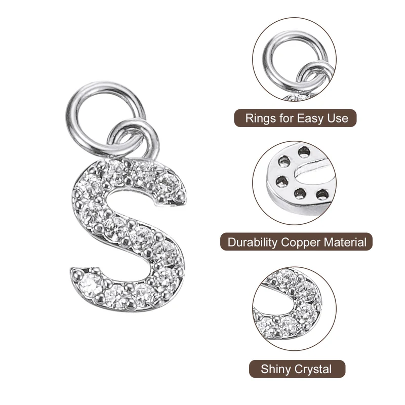 Rhinestone Letter Charm, 8pcs 3.2mm Copper S Letter Charm, White Gold