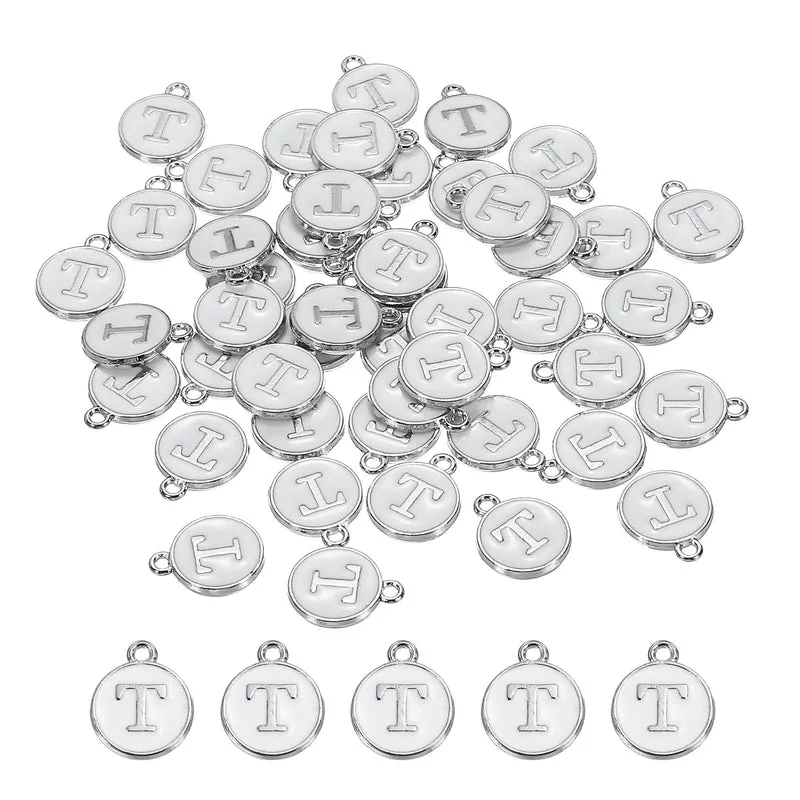 50 Pcs Alphabet T Enamel Letter Charm Enamel Initial Charm White
