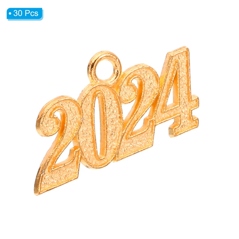 2024 Graduation Tassel Charm, 30 Pcs Alloy 2024 Year Medium Letter Charm, Gold
