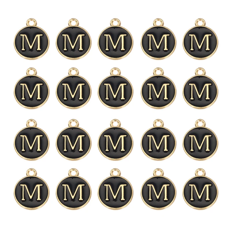 36pcs Letter M Pendants Double Sided Charm Enamel Alphabet Pendant Gold & Black