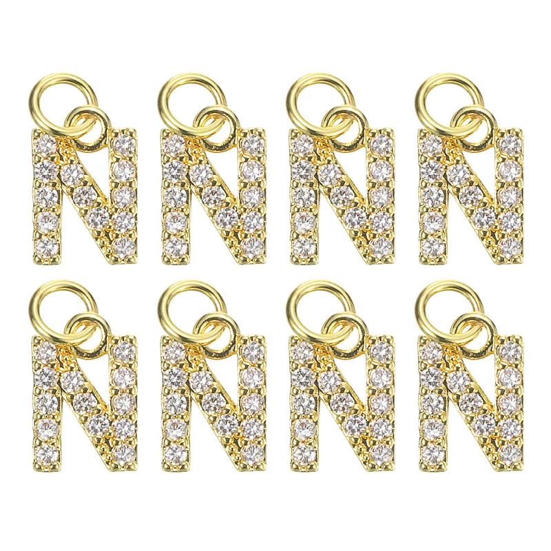 Rhinestone Letter Charm, 8pcs 3.2mm Copper N Letter Charm, Golden