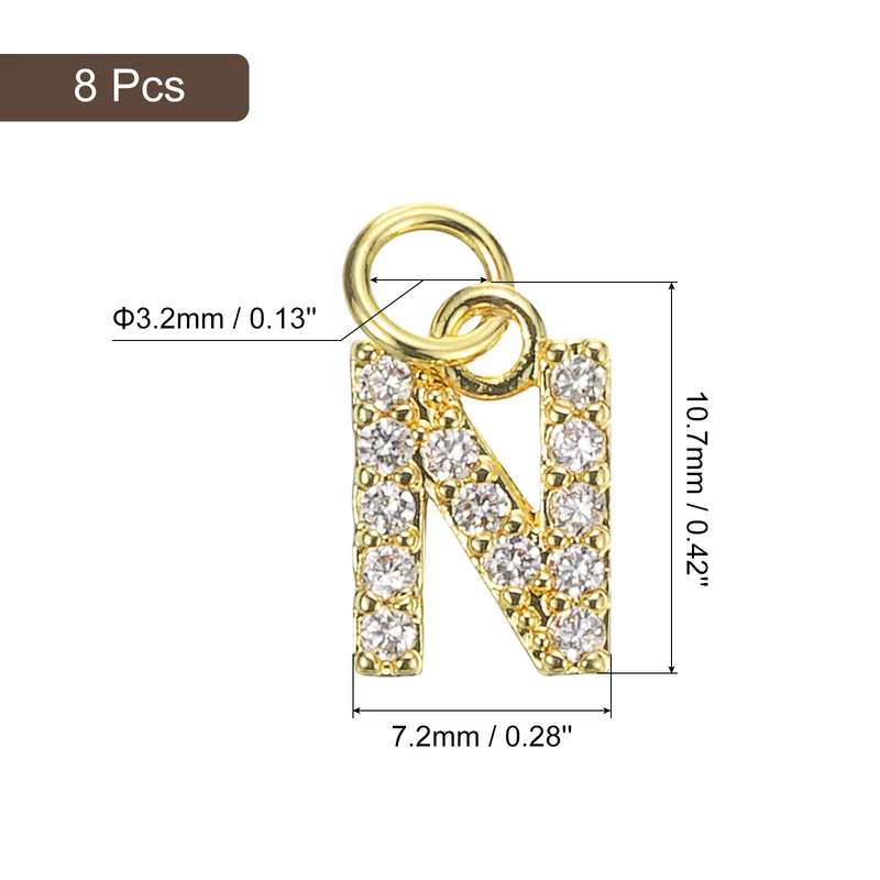 Rhinestone Letter Charm, 8pcs 3.2mm Copper N Letter Charm, Golden