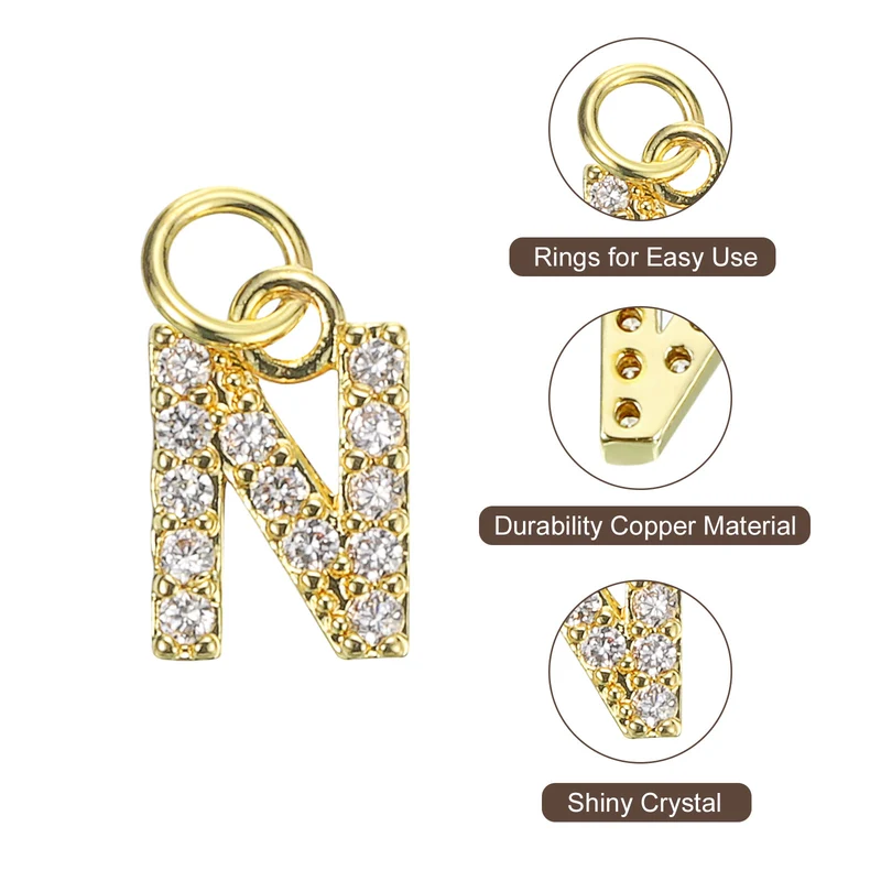Rhinestone Letter Charm, 8pcs 3.2mm Copper N Letter Charm, Golden