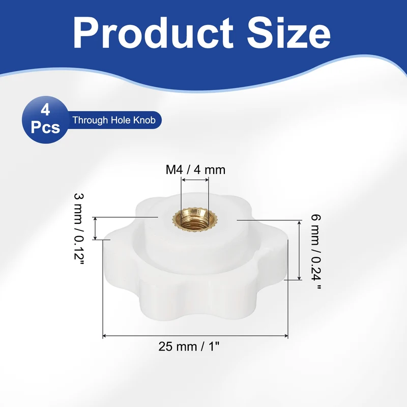 M4 x 25mm Thread Star Knobs, 4 Pcs Knurled Clamping Knob Handle, White