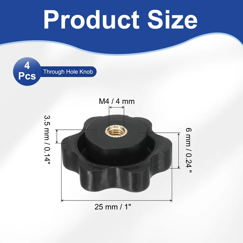 M4 x 25mm Thread Star Knobs, 4 Pcs Knurled Clamping Knob Handle, Black