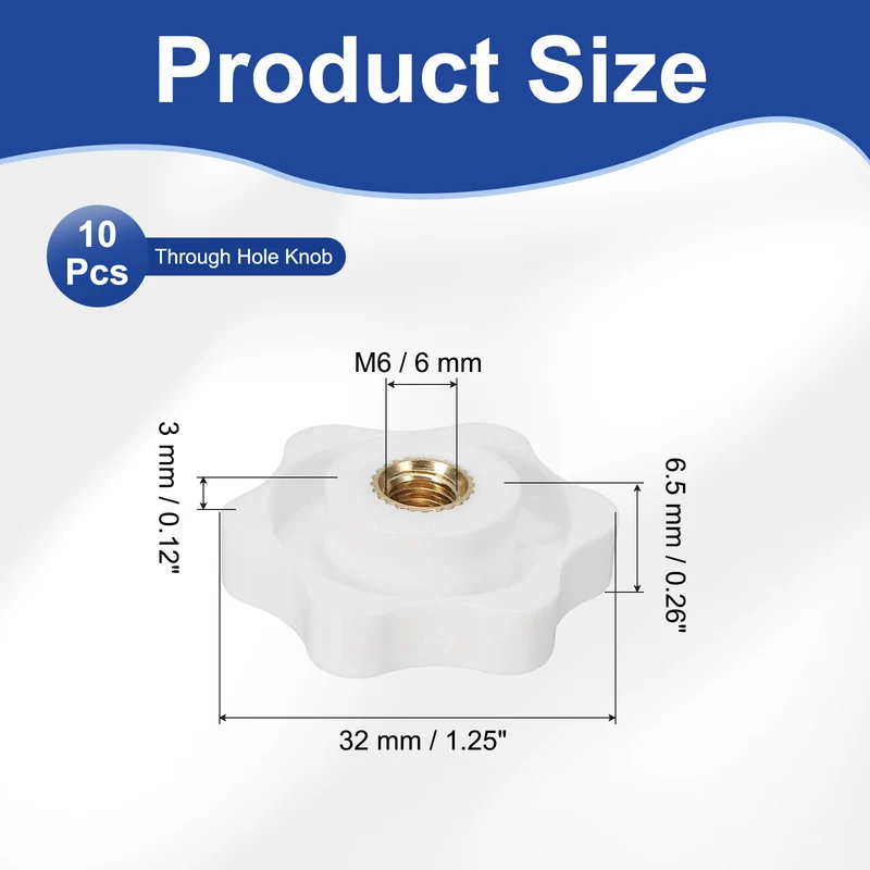 M6 x 32mm Thread Star Knobs, 10 Pcs Knurled Clamping Knob Handle, White