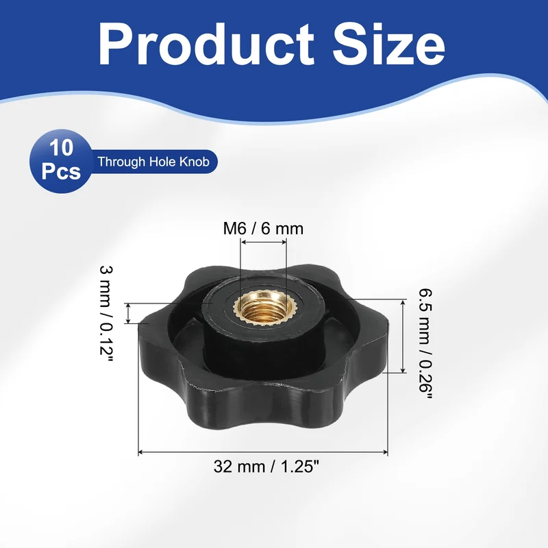 M6 x 32mm Thread Star Knobs, 10 Pcs Knurled Clamping Knob Handle, Black