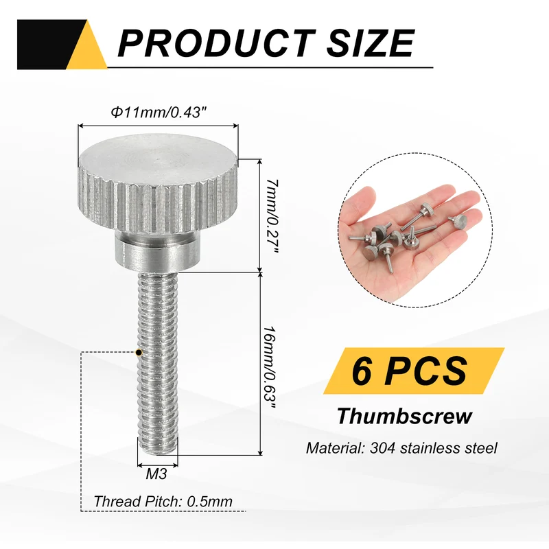 6 PCS M3 x 16mm Flat Knurled Head Thumb Screws for Household Appliances