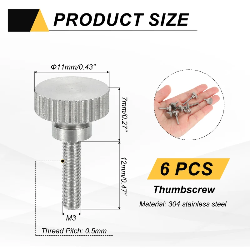 6 PCS M3 x 12mm Flat Knurled Head Thumb Screws for Household Appliances