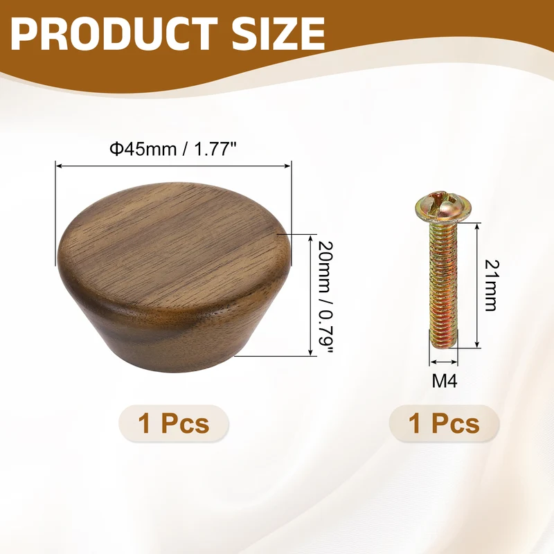 1.77" Flat Head Round Wood Drawer Knob with Screws, Walnut