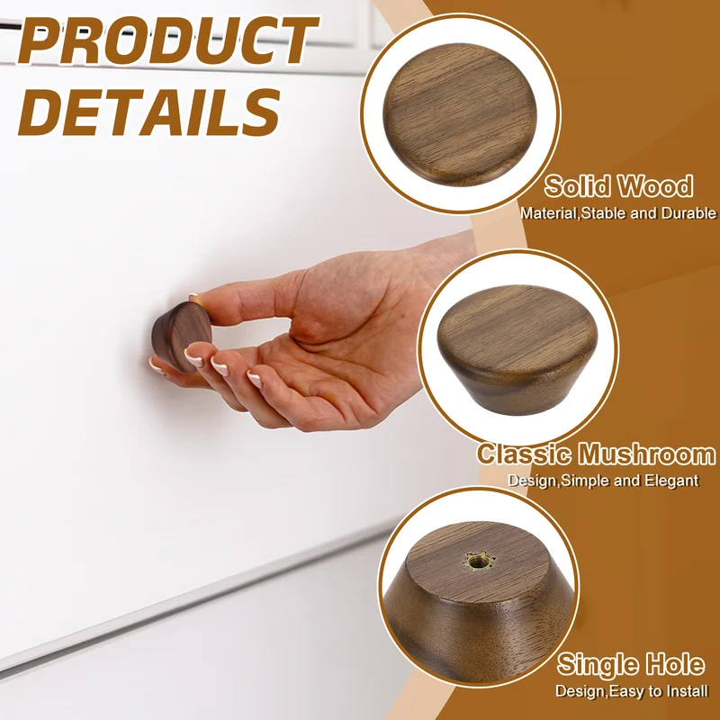 1.77" Flat Head Round Wood Drawer Knob with Screws, Walnut