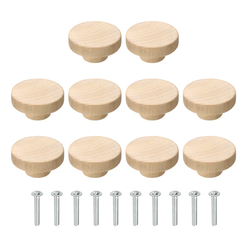 10Pcs Round Wood Drawer Knob, 1.97" Dia Flat Head Dresser Knobs with Screws