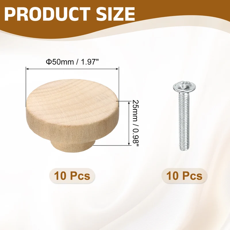 10Pcs Round Wood Drawer Knob, 1.97" Dia Flat Head Dresser Knobs with Screws