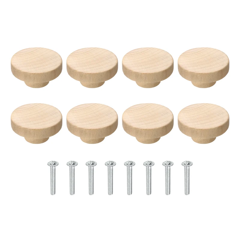 8Pcs Round Wood Drawer Knob, 1.97" Dia Flat Head Dresser Knobs with Screws