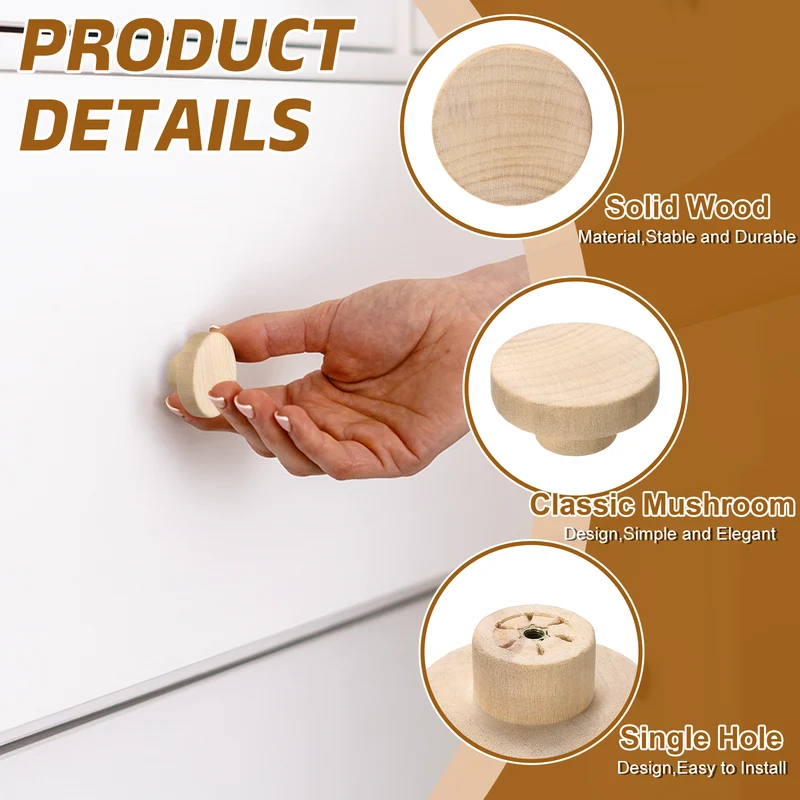 8Pcs Round Wood Drawer Knob, 1.97" Dia Flat Head Dresser Knobs with Screws
