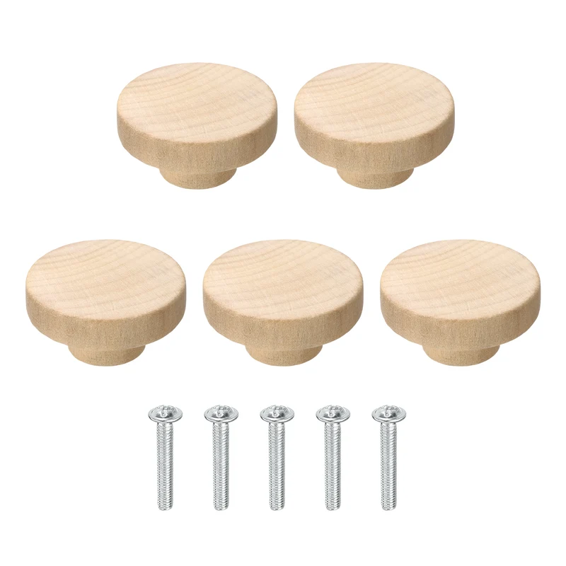 5Pcs Round Wood Drawer Knob, 1.97" Dia Flat Head Dresser Knobs with Screws