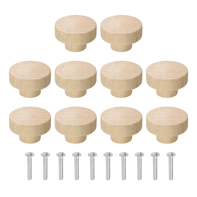 10Pcs Round Wood Drawer Knob, 1.57" Dia Flat Head Dresser Knobs with Screws