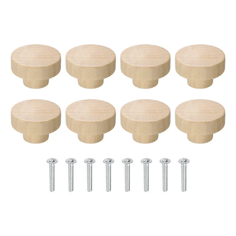 8Pcs Round Wood Drawer Knob, 1.57" Dia Flat Head Dresser Knobs with Screws